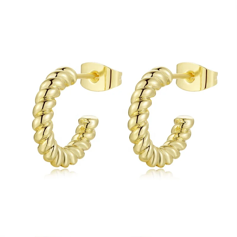 

Trendy chunky women 14k gold plated custom girls jewelry brass cc stud small twisted hoop earrings, Gold color