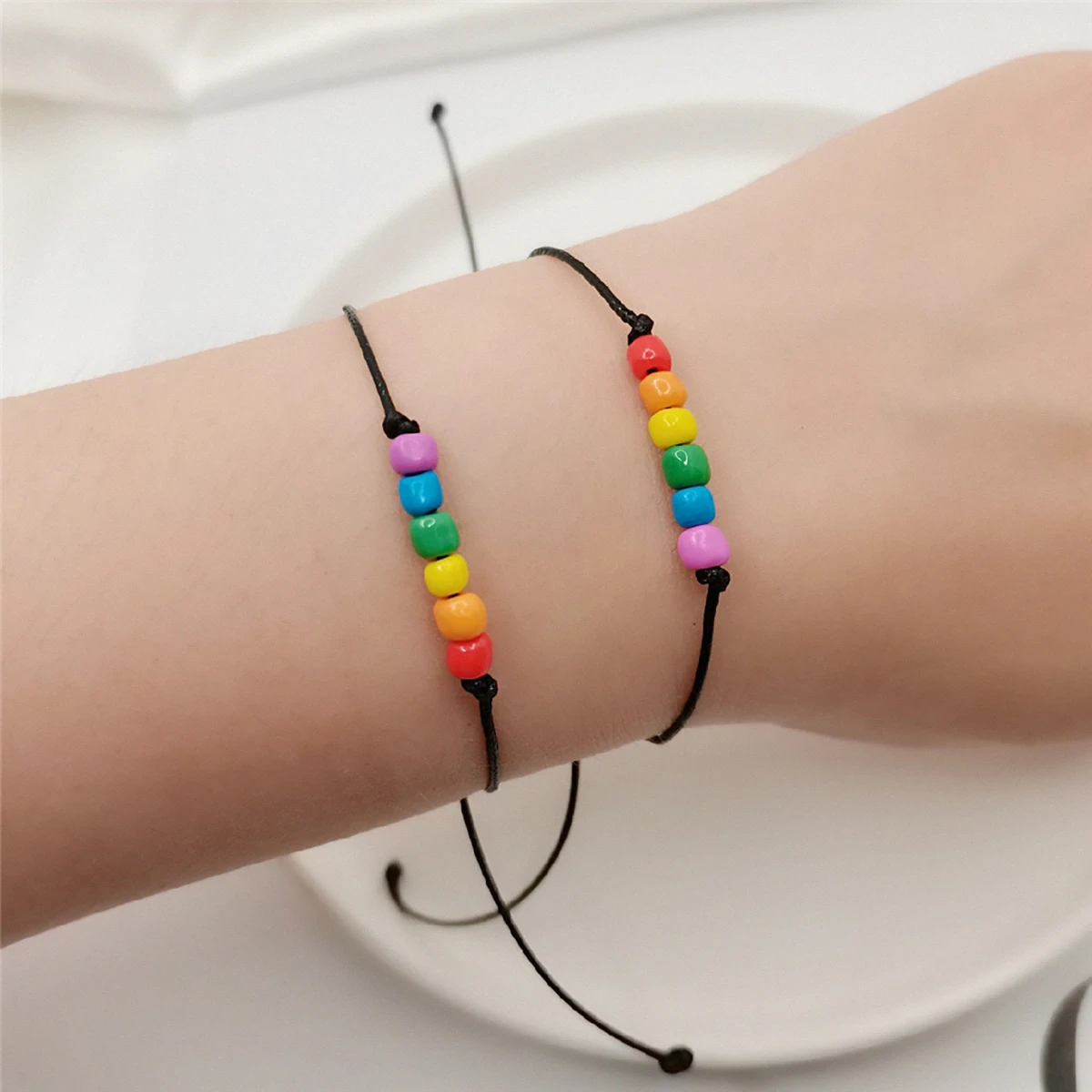 

Charm LGBT Flag Handmade Adjustable Rainbow Color Rice Beads Beaded Bracelet Wax Wire Braided Couple Adjustable Bracelet