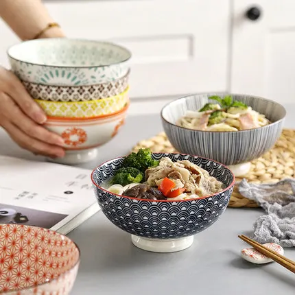 

New 6 inch porcelain fruit salad bowl customized printed japanese kitchen serving cereal noodle ramen ceramic bowl set, Yellow/pink/black