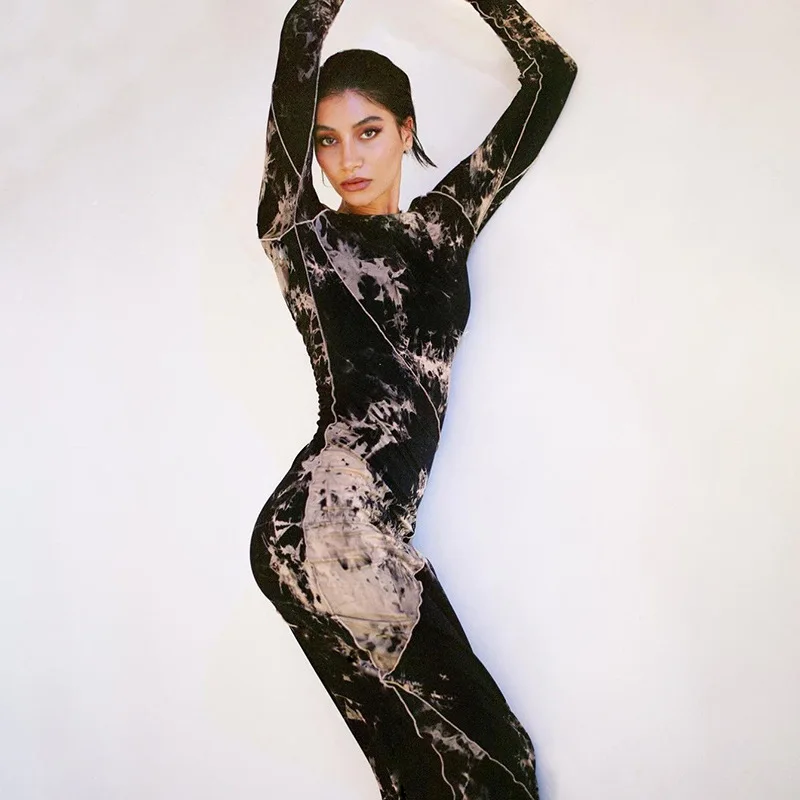 

FS1867D new arrivals Sexy long sleeve dress women Fashion print elegant dresses