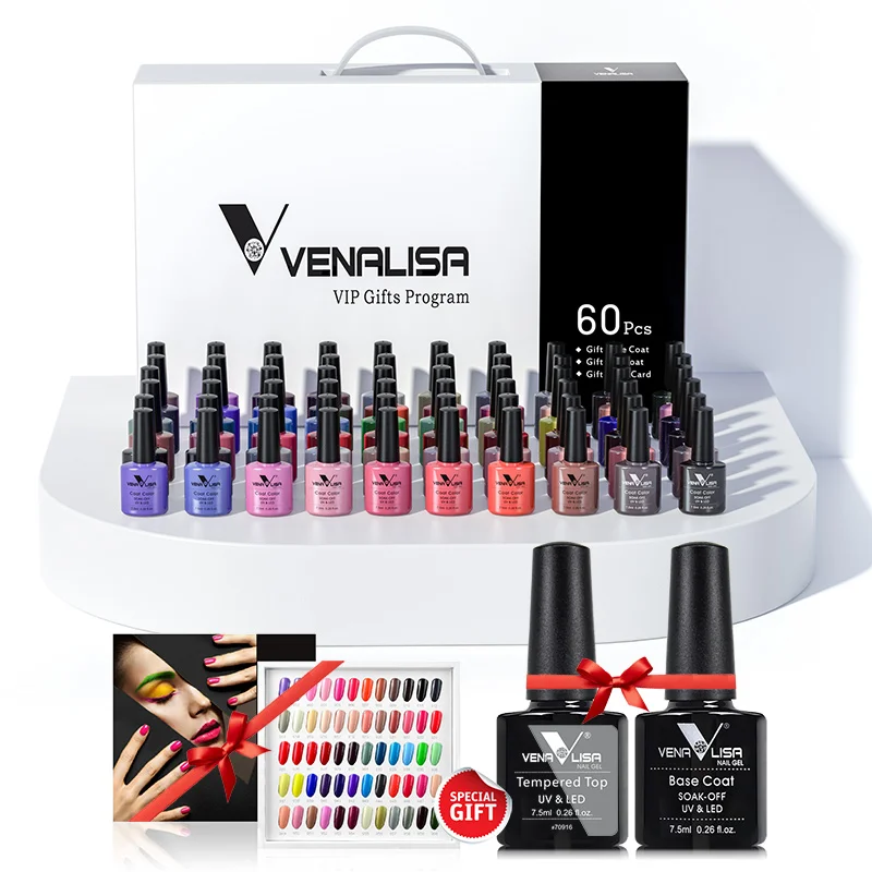 

venalisa VIP set 60 colors gel polish set factory price private label salon soak off nail gel set base coat topcoat colors book, 60 colors /set