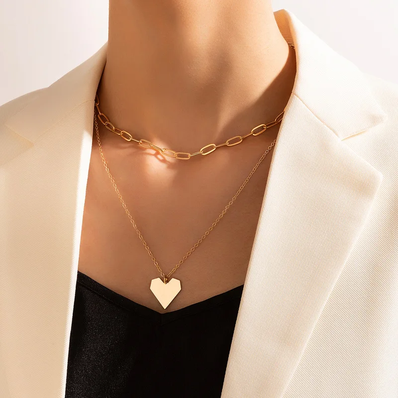 

Heart chain Double layer necklace geometric heart alloy multi-layer choker necklaces for women