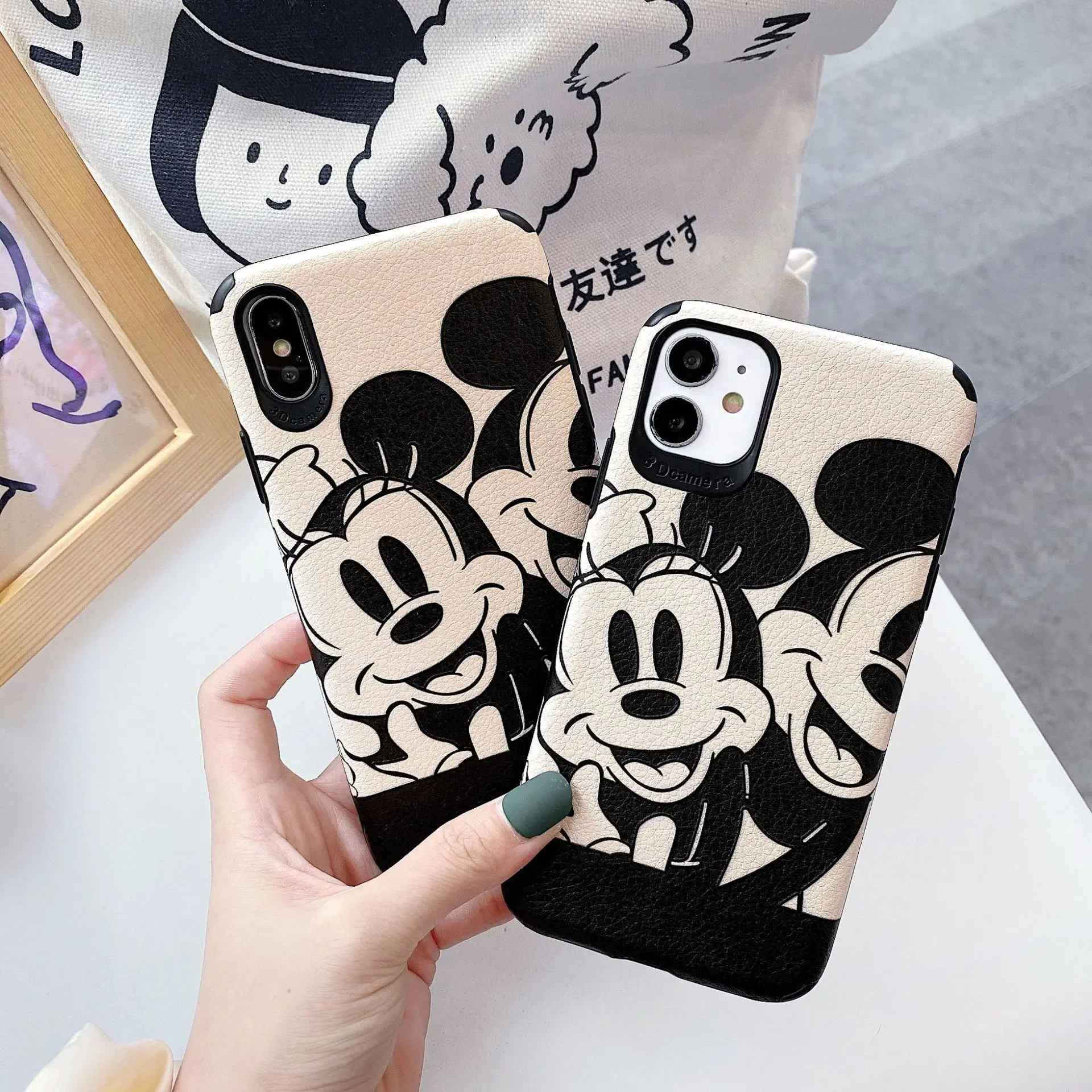 

Free shipping Anime Leather Minnie skin cover Mickey Phone Case For iPhone 12 Mini 12promax 11 XS X Cover, Colorful