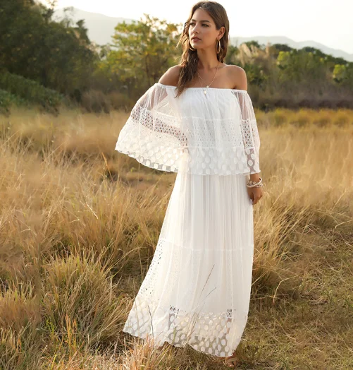 

Spring summer hot selling off shoulder lace beach maxi white boho dress