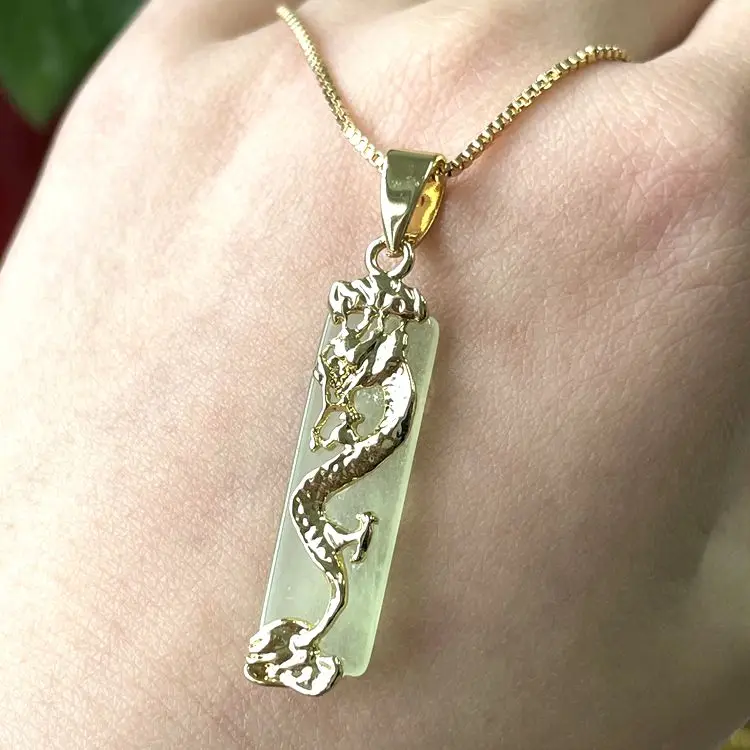 

Hot Sale Natural Stone pendant jewelry 2021 ins jewelry 18k gold plated stone pendant colorful jade dragon necklace, Multiple color