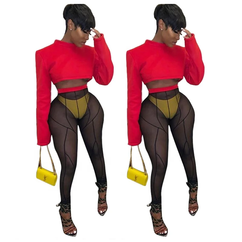 

Fashion Long Sleeve Mesh Bodycon Sexy Two Piece Clothing 2 Piece Set Women, Red