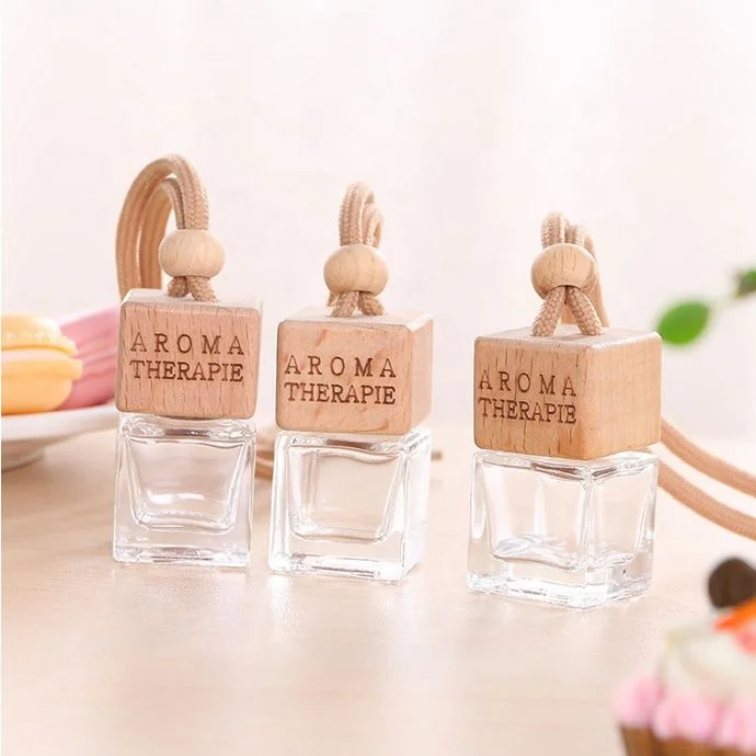 6ml Custom Logo Wooden Cover Glass Hanging Perfume Bottle Car air Fresheners Car square Aroma Diffuser