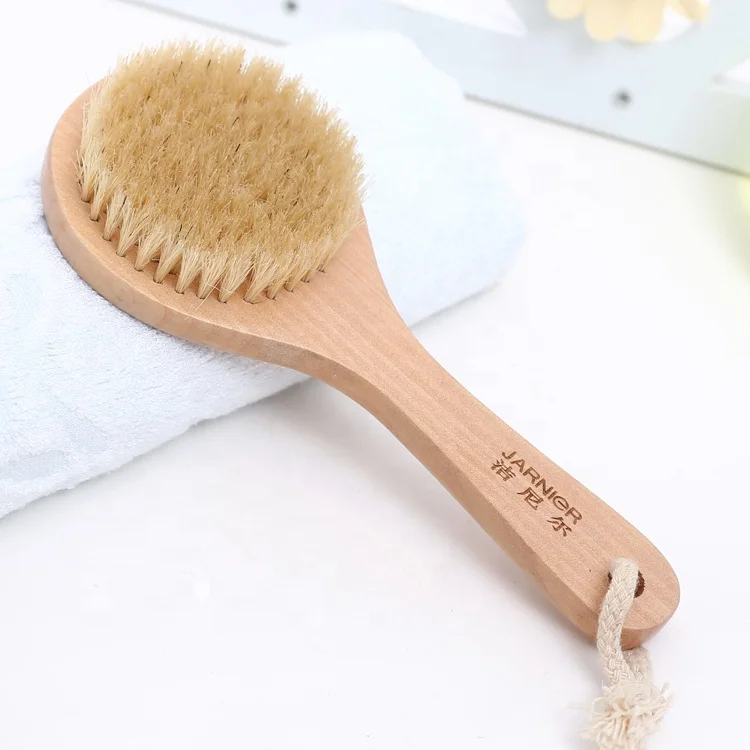 

Short Handle Natural Bristles Exfoliating Bath & Shower Brush Back Dry Bath Body Brush Scrubber, Wooden natural color