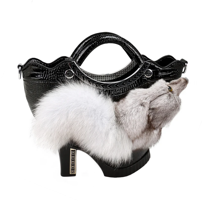 

Jtfur New style ladies portable handbags high heels shoes fox pattern fur bags fashionable women fur casual bag, Customized color