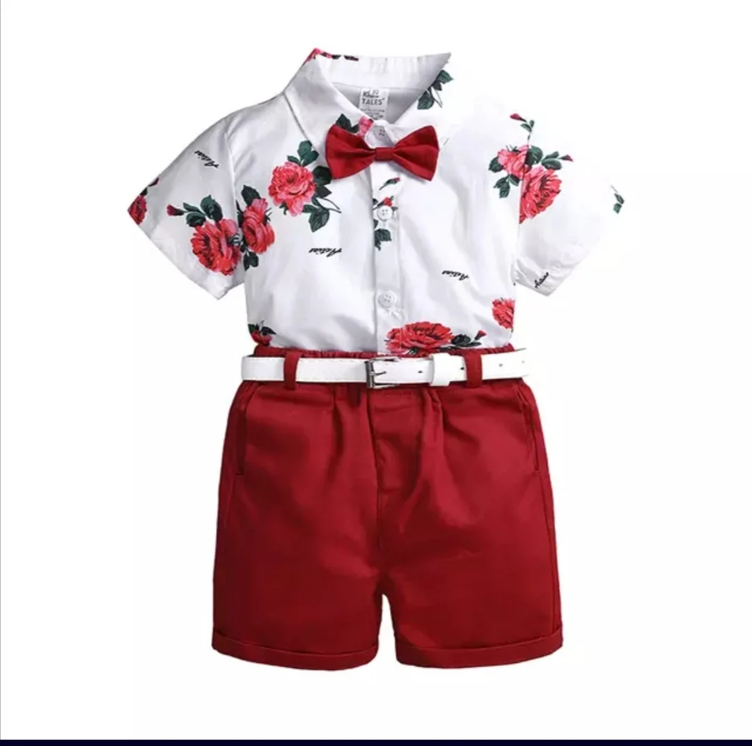 

2021 New Summer Handsome Printed Boys' Short-sleeved Shirt Suit, Picture shows