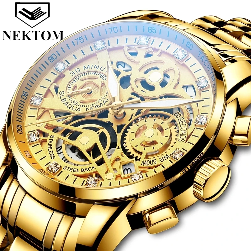 

NEKTOM 8202 Watch Dropshipping Luxury Gold Steel Waterproof Male Wristwatches Quartz Sports Watches Men Wrist Relojes Hombre, 4-colors