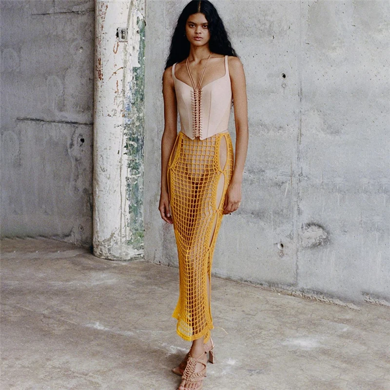 

KKbeier W21J01734 Summer Sexy Cover Up Midnight Club Partywear See Through Casual Knit Yellow Skirts for Woman