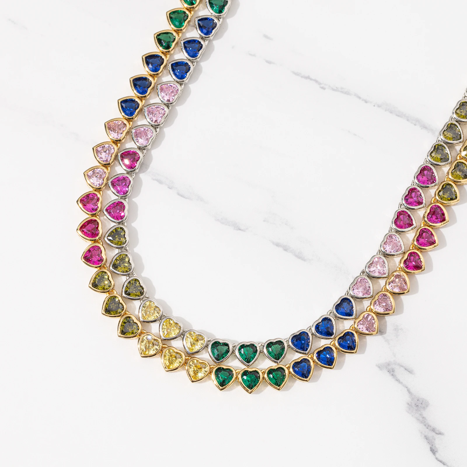 5mm Iced Out Rainbow Color Heart Tennis Chain Fashion Jewelry Necklace Brass 18K Gold Plated 3A CZ Shiny Necklace Women Chain