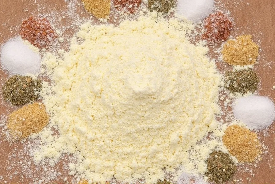 Pantry shelf lined with spices including powdered vinegar seasoning