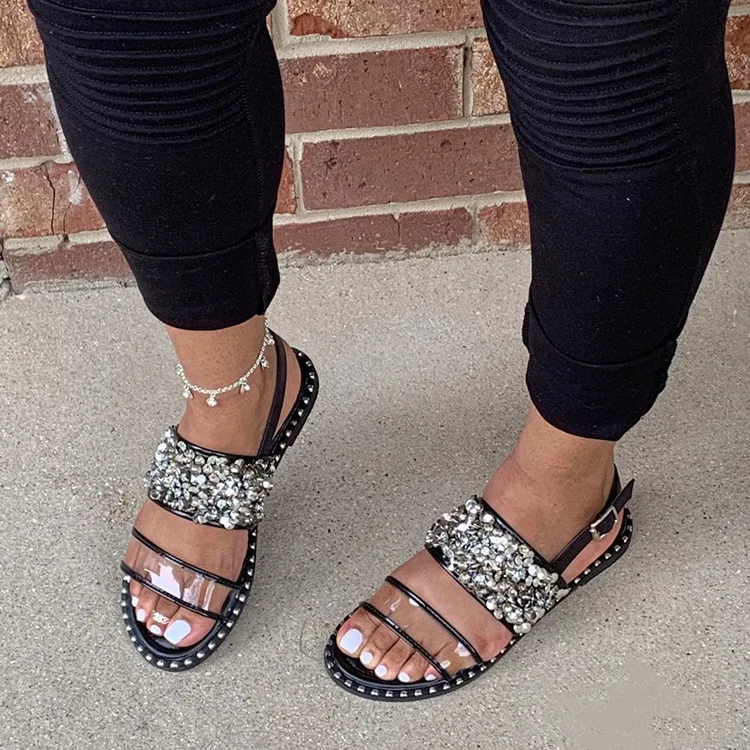 

2020 popular solid flat beach casual women's sandals plus size metal sequins women's slippers