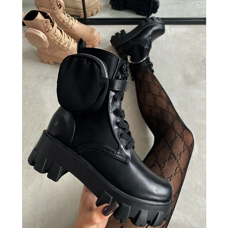 

Winter Modern Thick Sole Shoes Women Lace Up Black Platform Ankle Boots With Matching Bags, Wine red, black, beige, army green