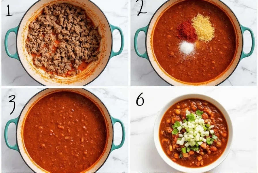 Step-by-step photos of easy simple chili recipe showing browning meat, adding spices, and finished bowl with toppings