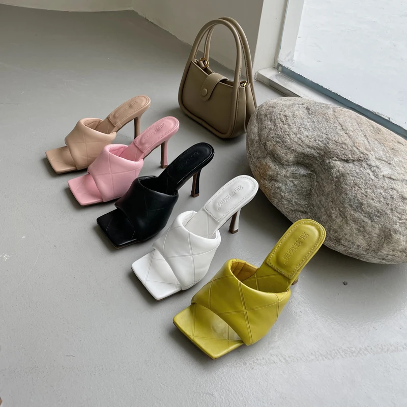 

Early spring 2021 new bv Lingge high heel thin heel sandals women's Soft Leather Fashion Square sandals solid color slippers