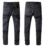 

New France Style #1057# Mens Ripped Stretch Cargo Pockets Moto Pants Washed Biker Black Jeans Slim Trousers Size 29-42 men denim