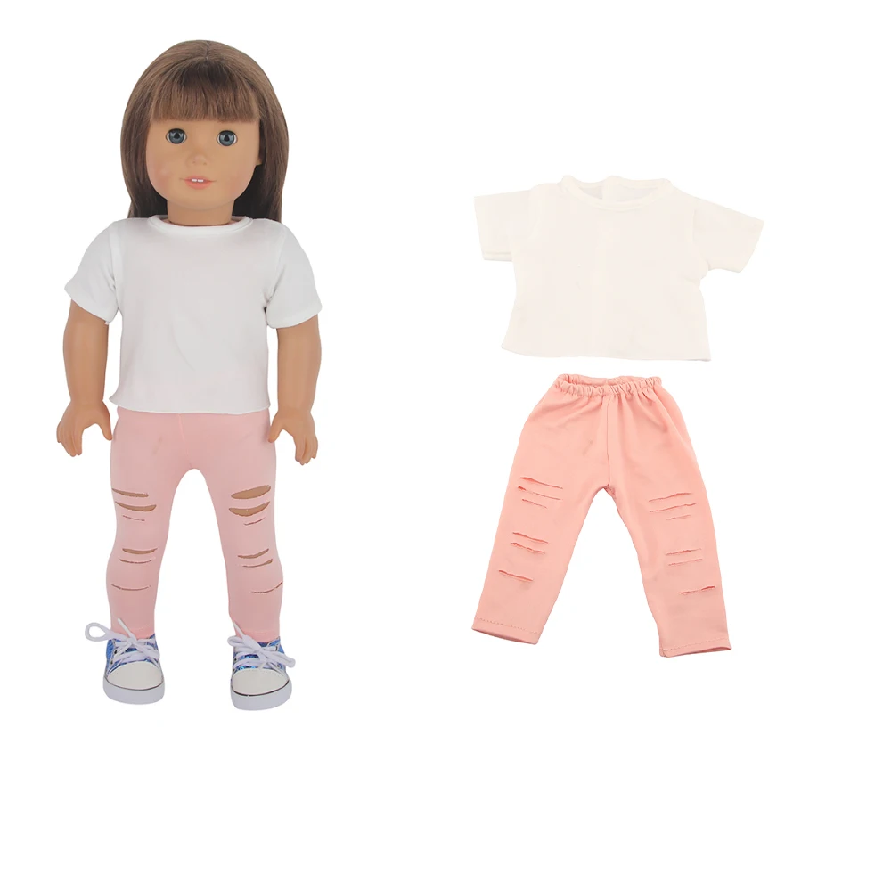 

Hot-selling Grapefruit-colored ripped pants T-shirt set 18 inch doll clothes doll accessories wholesale