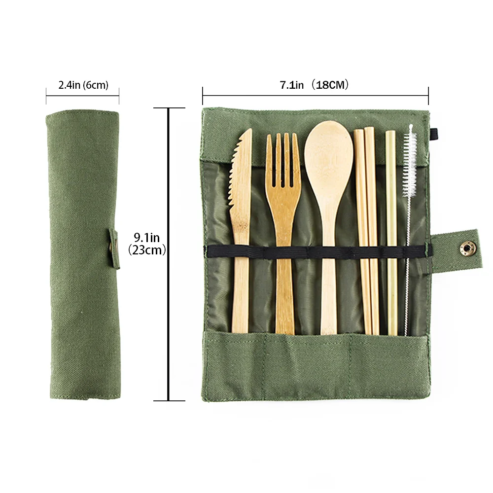 

Natural Wood Portable Tableware Bamboo Wooden Cutlery Sets Travel Dinnerware Environmental with Cloth Pack Gift