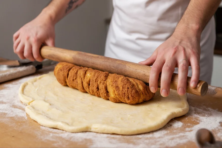 Professional baker rolling out cinnamon bread dough with cinnamon sugar filling evenly distributed