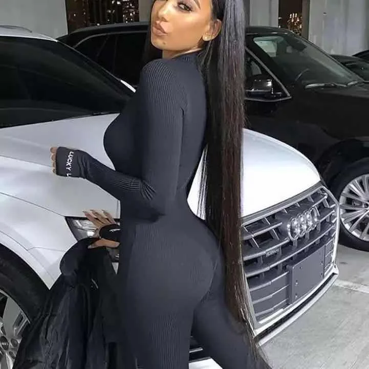 

Fashionable Solid Color Slim Push Up Fitness zip Ribbed One Piece Bodycon Halter Lucky Label Embroidery Jumpsuit, As piture or customized