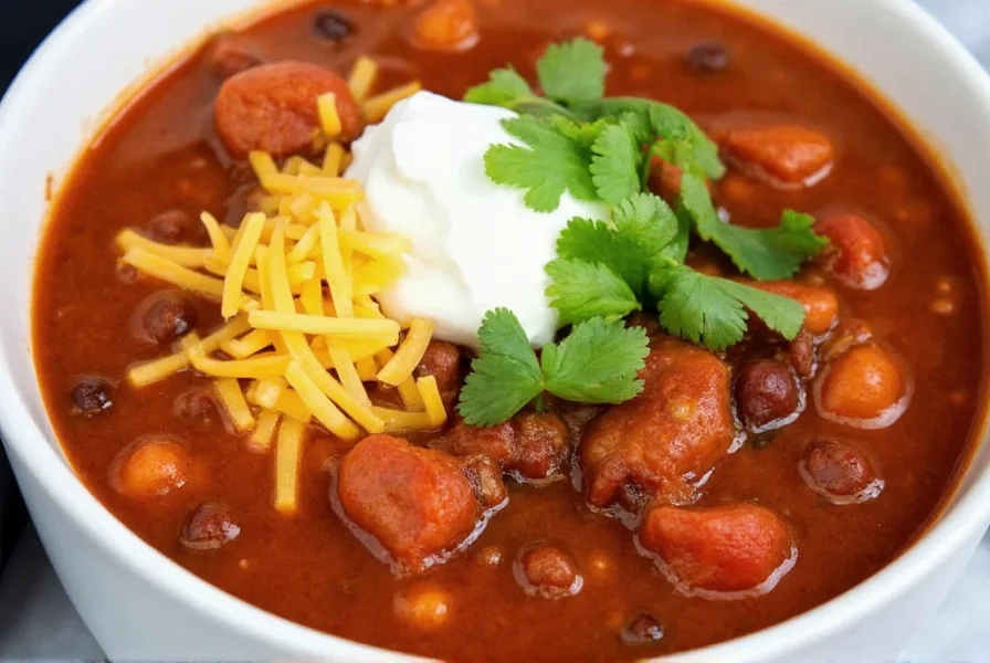 Finished bowl of chili with toppings including sour cream, shredded cheese, and fresh cilantro