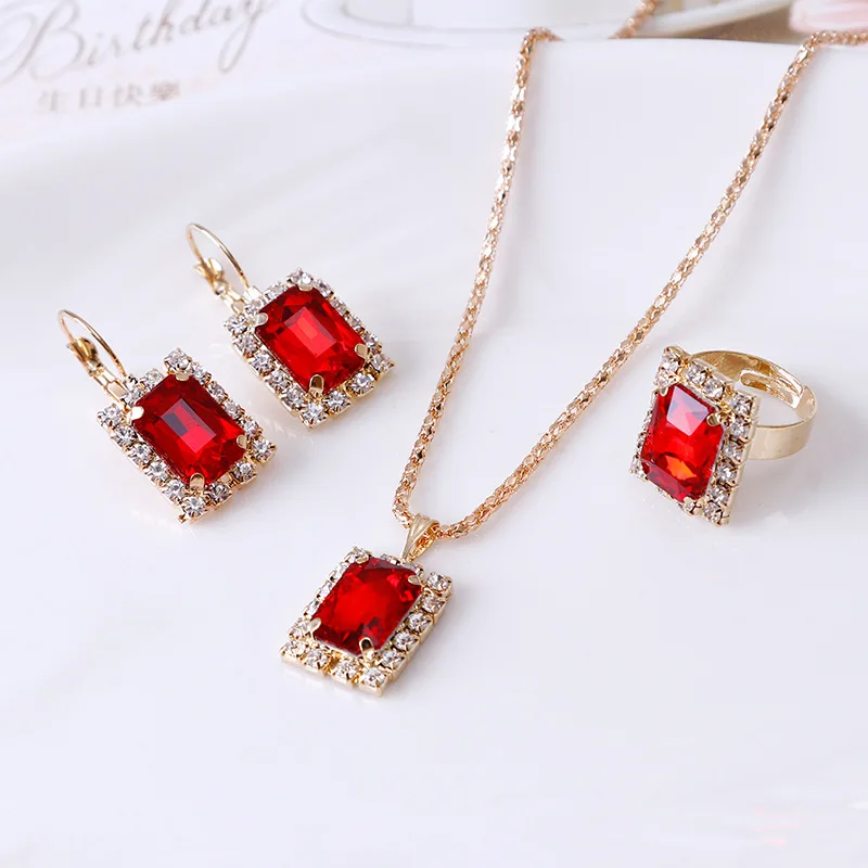

Fashion Cheap Rectangle Diamond Heart Jewelry Set Ring Necklace And Earrings Sets For Women, Sliver color