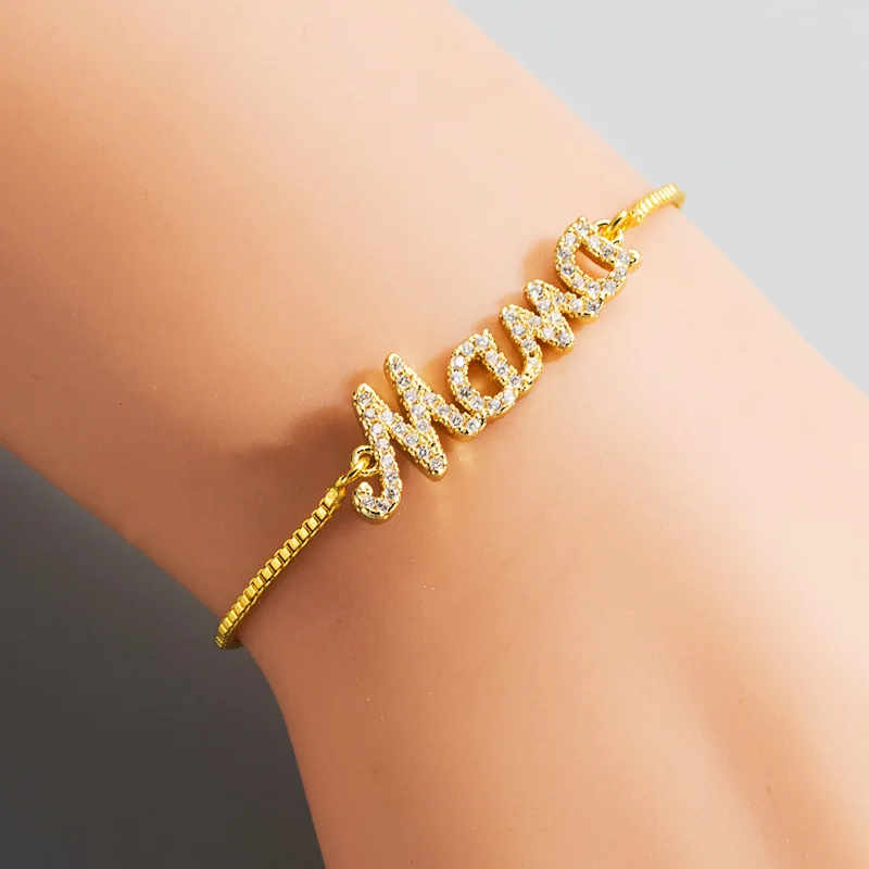 

Real Gold Plating Slider Chain Crystal Letter Mama Bracelet Micro Paved Cubiz Zircon CZ Letter Mama Bracelet for Women