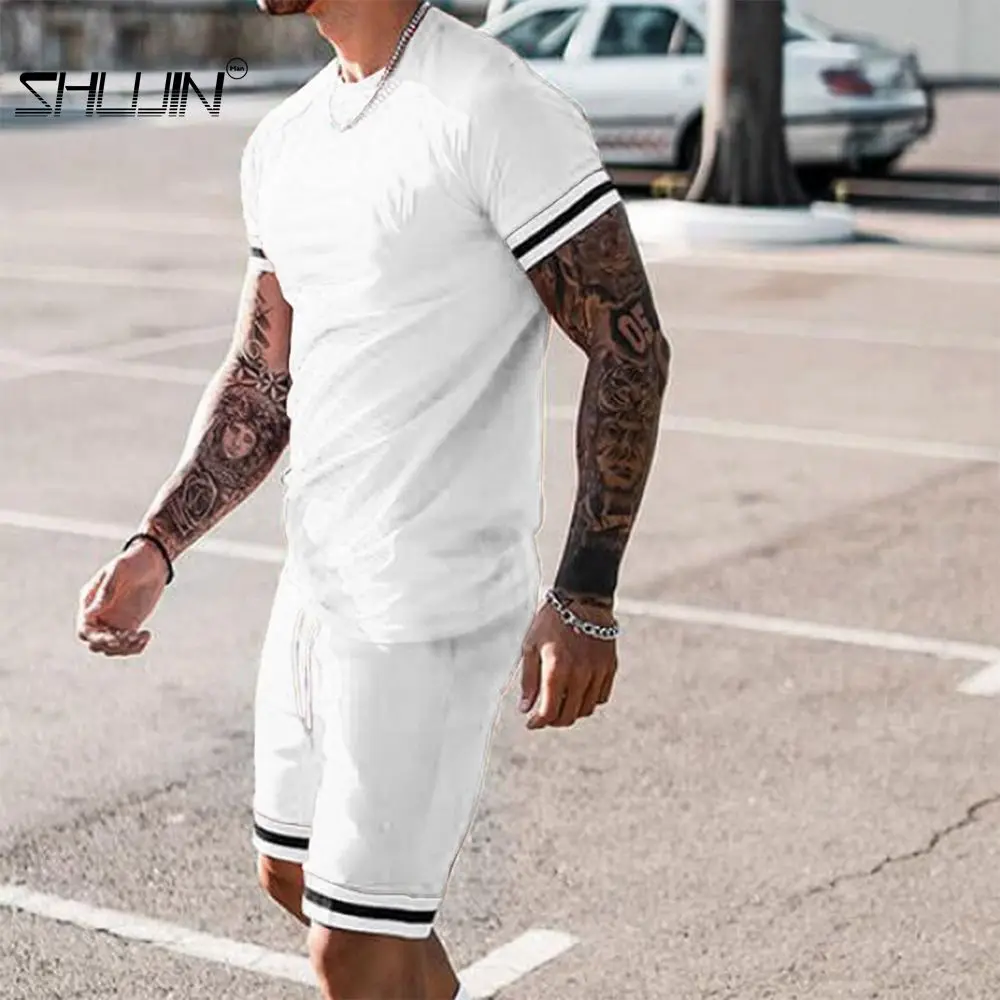 

2021 Men Casual Set Fashion 2 PCS Sweat Suit Summer Sportsuit Striped Male Sportswear Tracksuit Short Sleeve T-shirt Shorts Sets