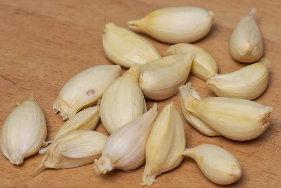 Two medium garlic cloves next to teaspoon measurement