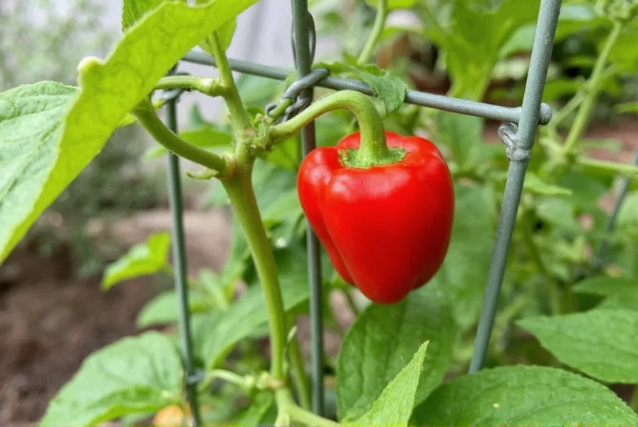 Close-up of red bell pepper plant growing on a Florida weave trellis system in a garden with proper spacing and healthy foliage