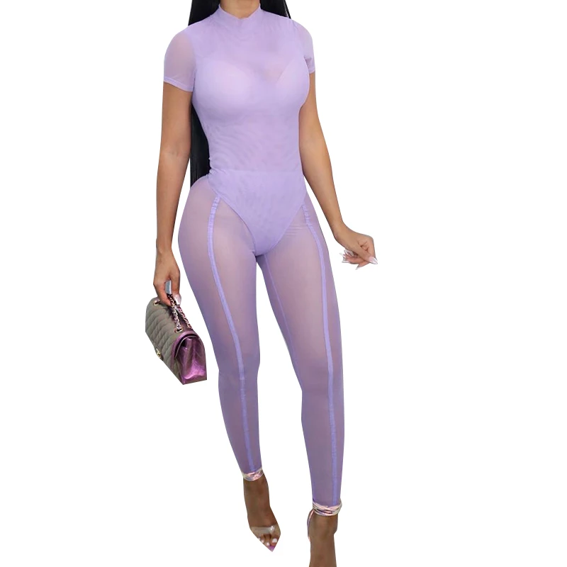 

MS185 Womens fall fashion 2021 sexy bodysuit short sleeve see through two piece pants set Women clothing