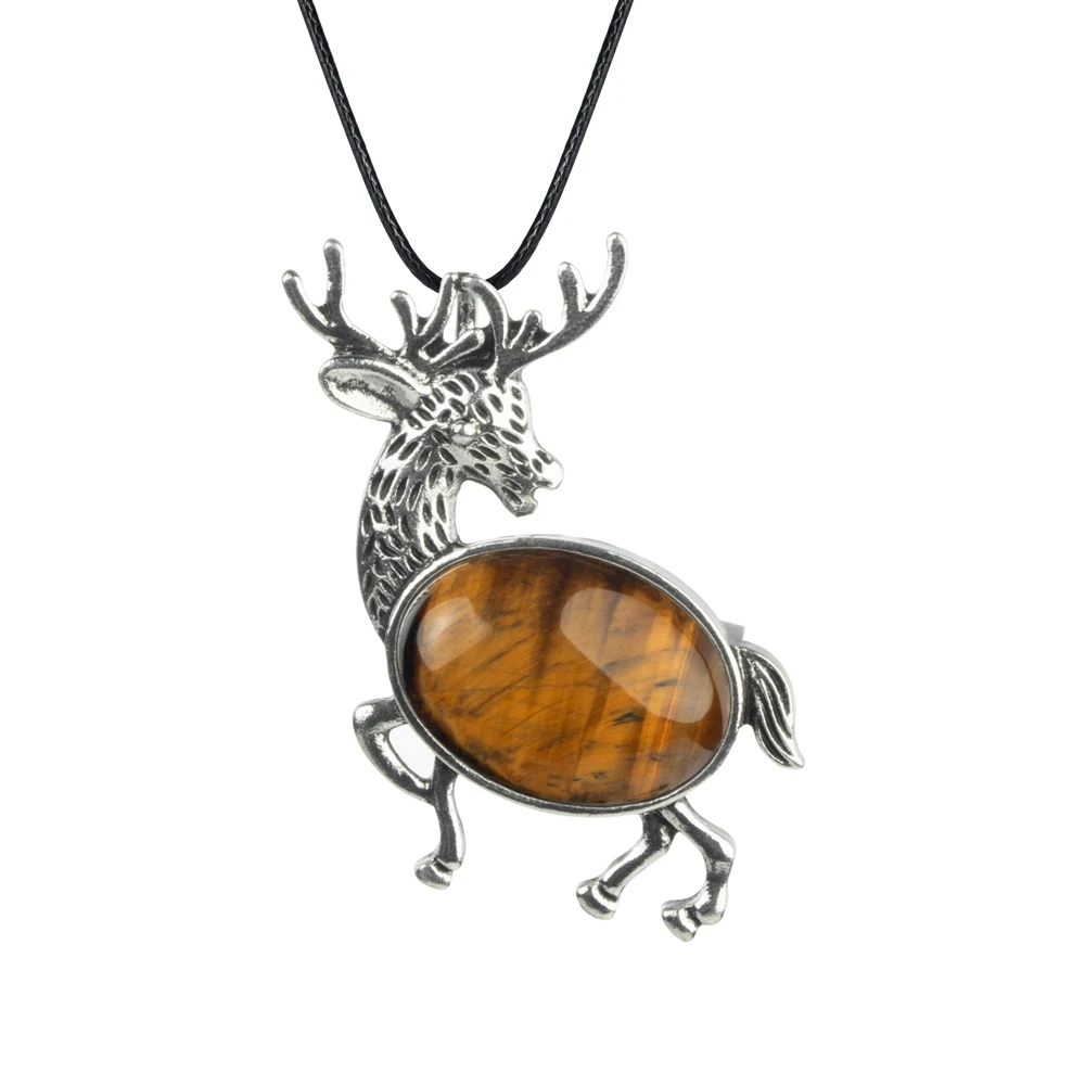 

Men's Large Heavy Sika Deer Pendant Necklace Silver Black Deer Gemstone Jewelry Black Cord Chain