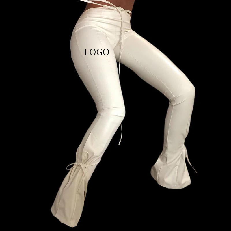 

2021 Spring ladies Split Hem Skinny Bell Bottom white Flare girls Long Pu Leather Pants For Women trousers