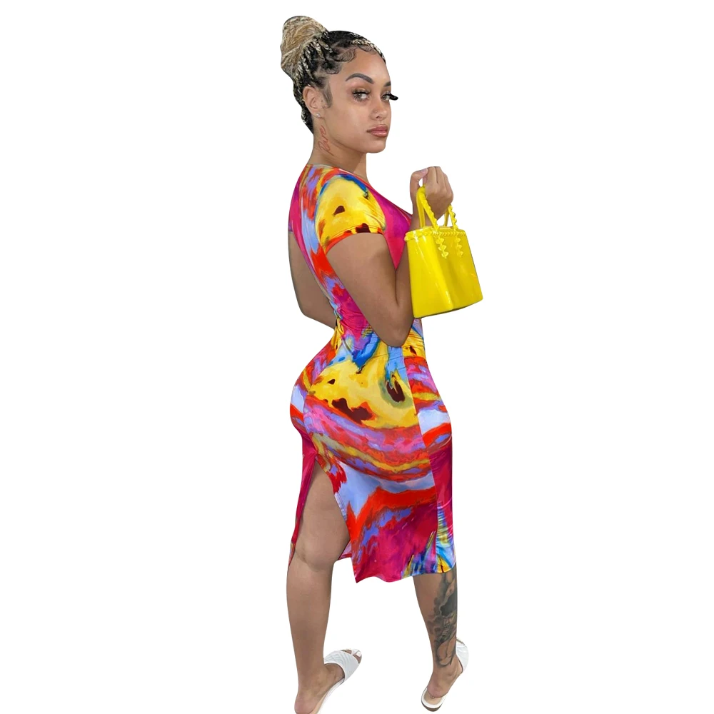 

European and American sexy split print women's V-neck dress