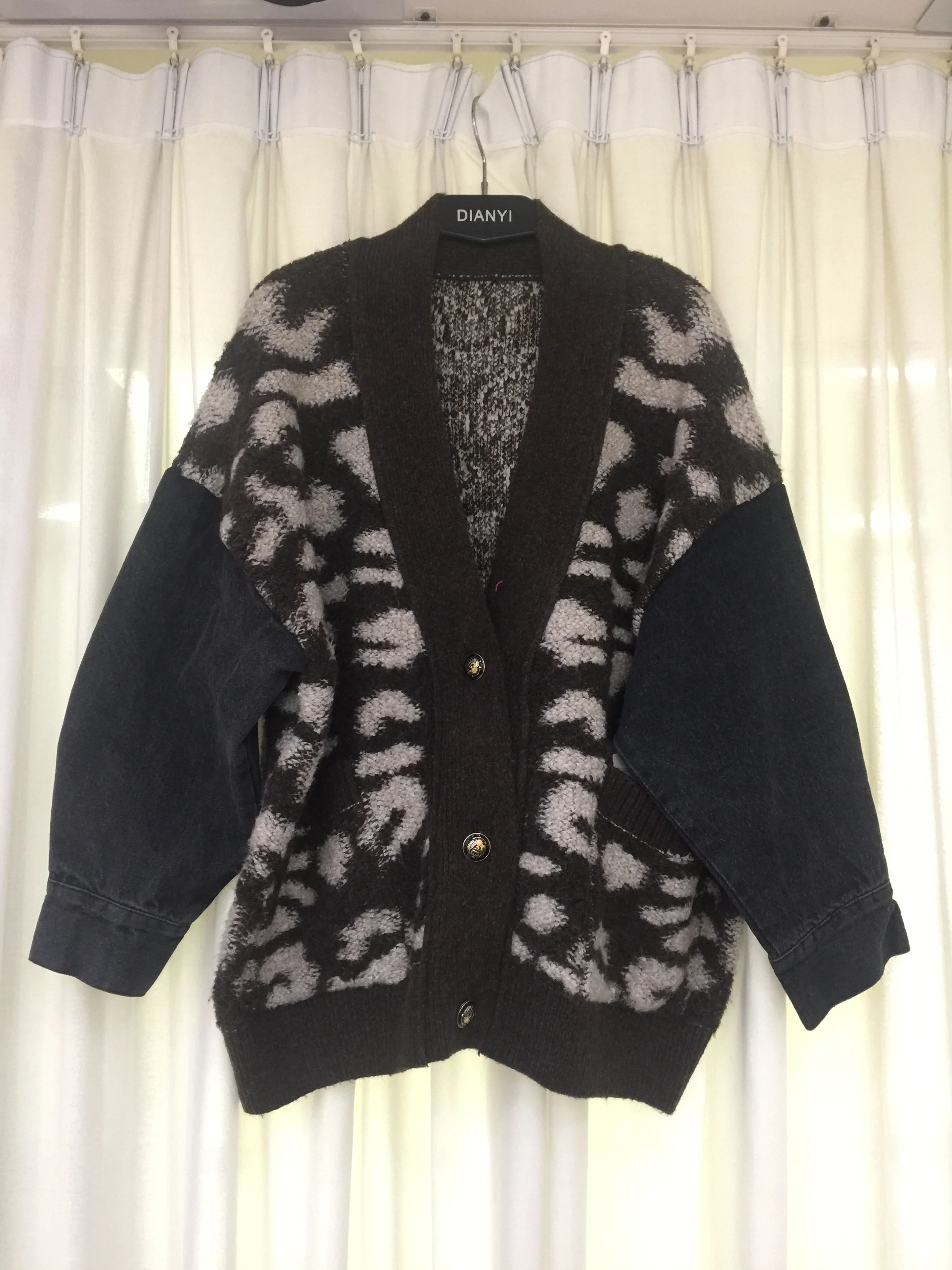 
leopard jacquard cardigan with contrasting jean sleeves buttoned knit sweater 