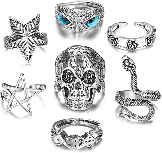 

2021 New Design Owl Starfish Open Ring Creative Exaggerated Skull Snake Ring Vintage Flower 925 Silver Ring