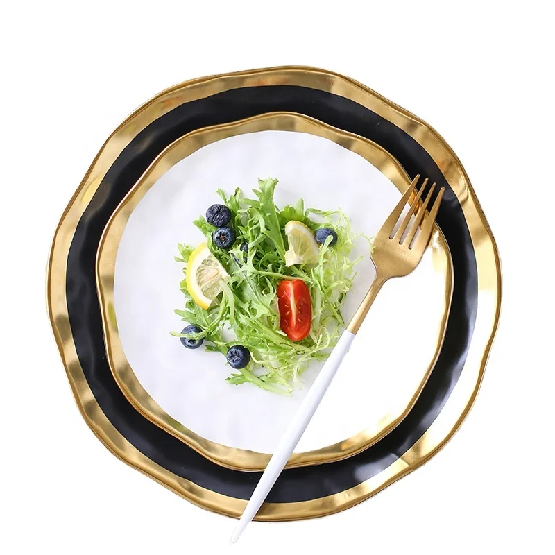 

Modern luxury creative design 8 inch / 10 inch round ceramic steak fruit dinner plate dishes with gold rim