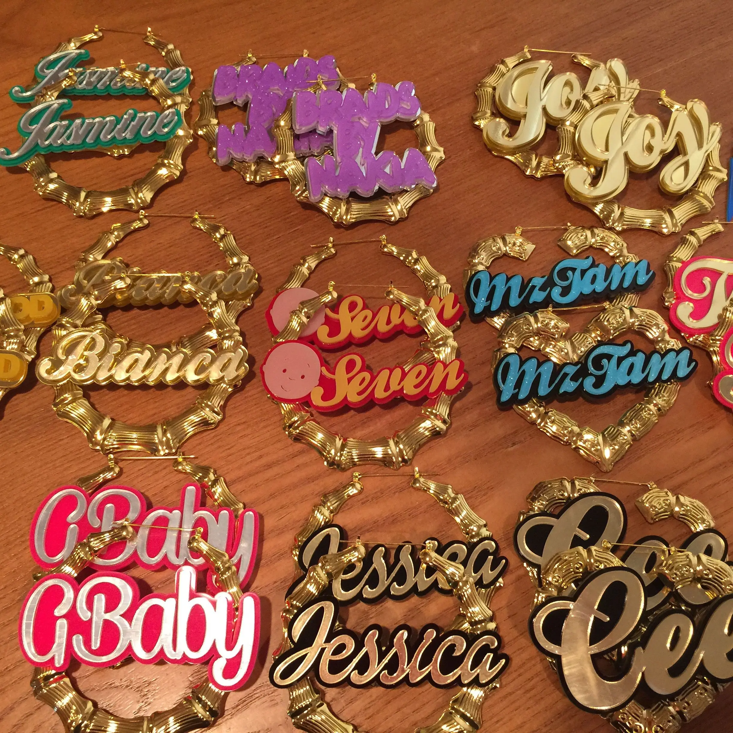 

Big size 18k gold plated XOXO personalized bamboo acrylic name letter custom laser cut acrylic earrings with logo