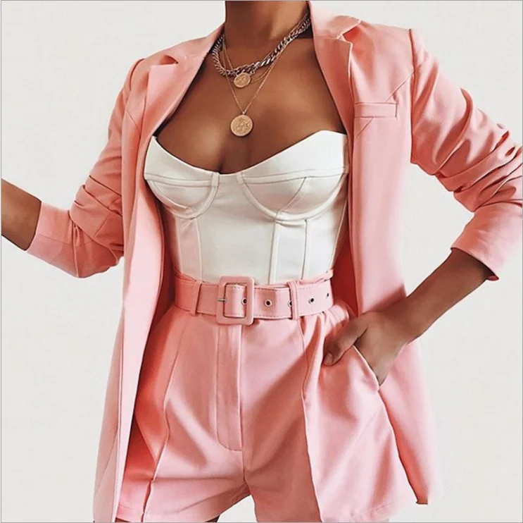 

KFD8351 2020 Hot Girls 2 Piece Suit Sweet Blazer and Shorts Set with Belt
