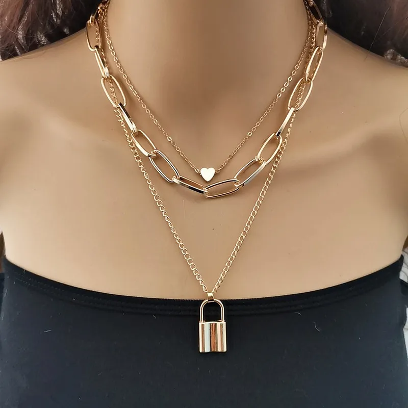 

18K Gold Plated Multi Layer Chunky Chain Heart Necklace Triple Layer Lover Lock Pendant Necklace