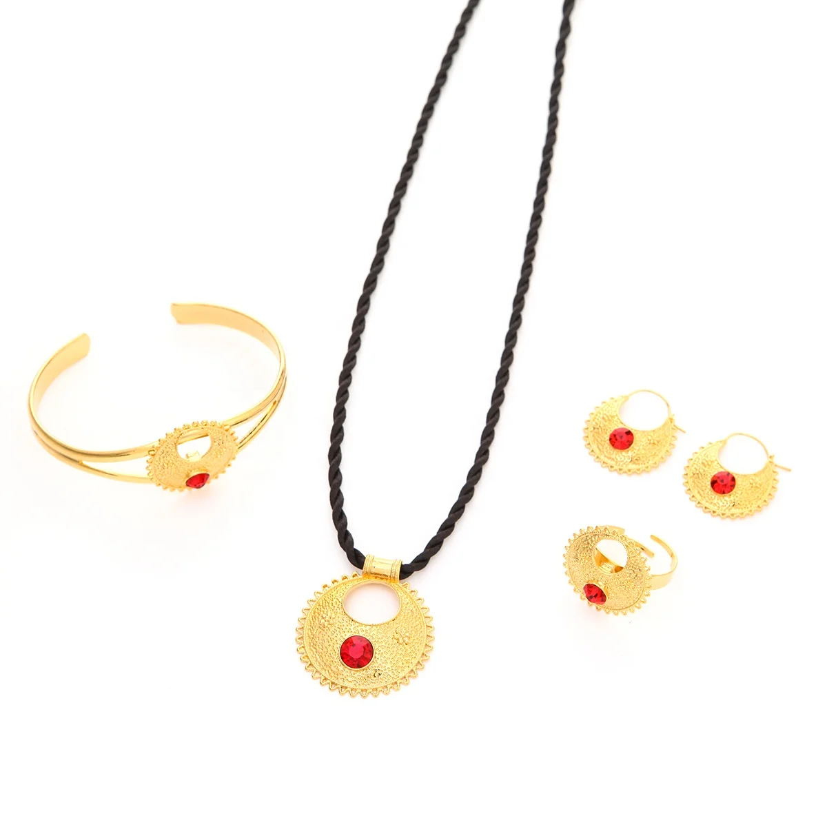 

Ethiopian Gold Color Necklace Pendant Earring Ring Bangle Trendy Bule Green Red Stone Jewelrey Sets