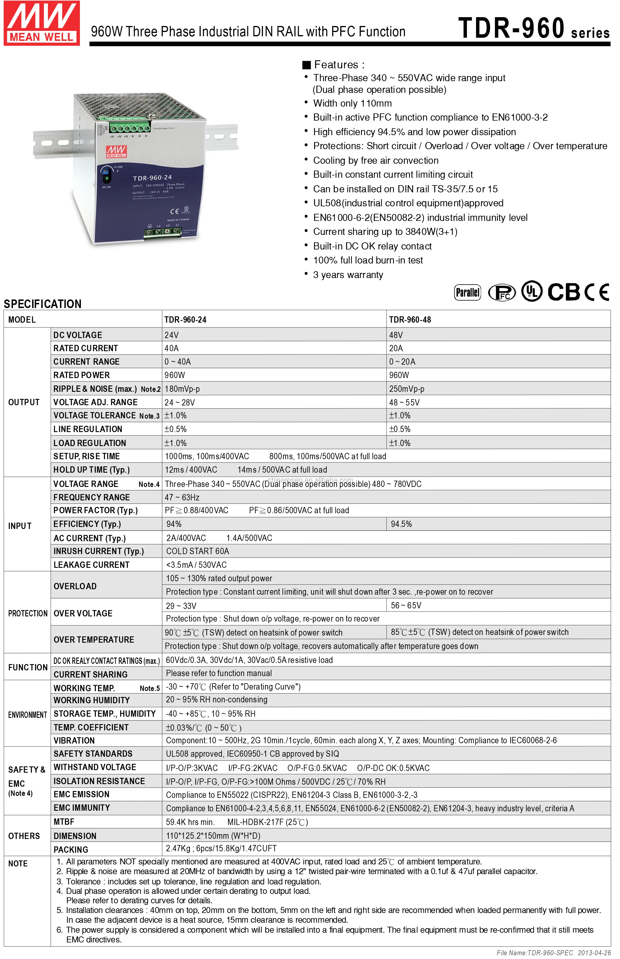 Tdr-960 Series 24v 48v 960w Ac-dc Psu Din Rail Smps Wide Range Input 