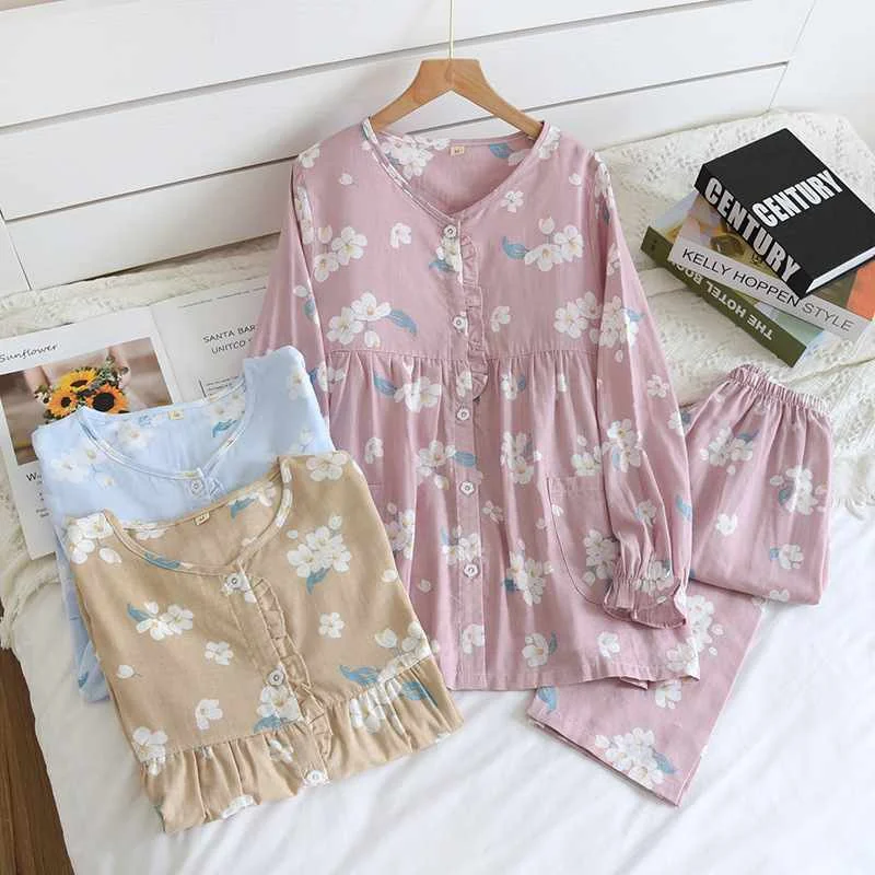 

2021 new spring and autumn pajamas suit ladies 100% cotton double gauze long-sleeved thin flower home service suit plus size, Required