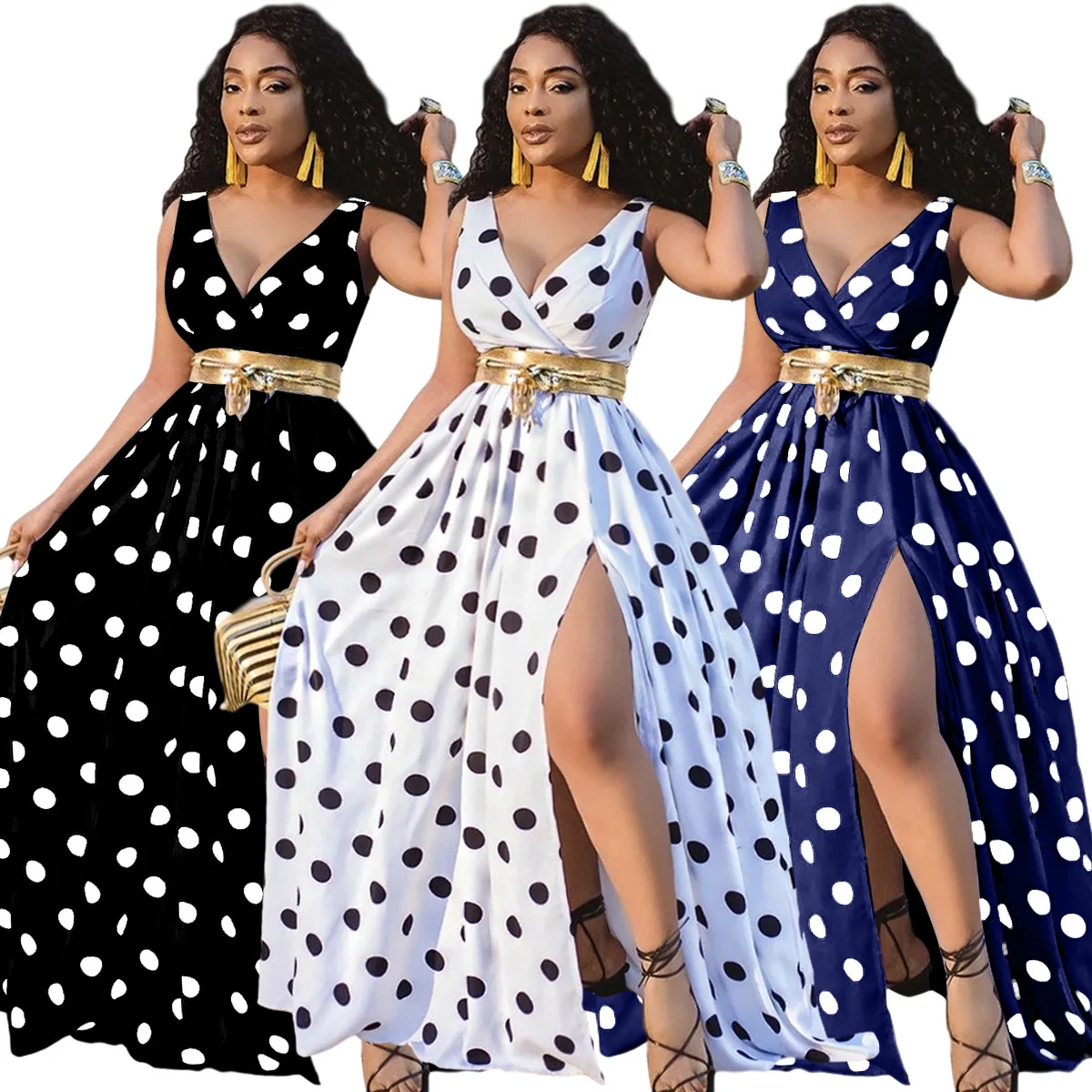 

HL142002 Hot Lightly Cooked Spaghetti Strap Sleeveless High Split Swagger Floor-Length Print Polka Dot Dresses without Belt