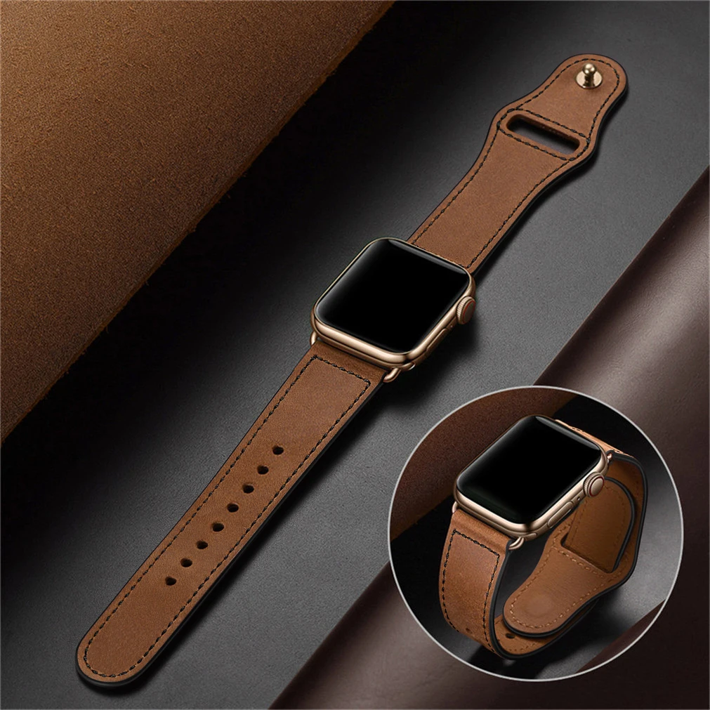 

2021 Newest Genuine Leather Strap For Apple Watch, 44Mm 45MM 41MM Newest Dual Layer Leather Watch Bands, Blue