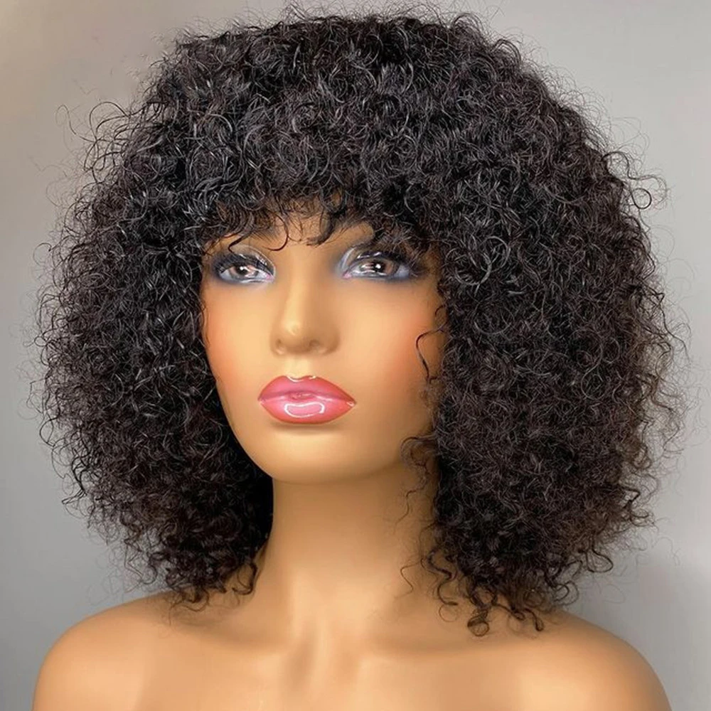

Curly Human Hair Wigs with Bangs Full Machine Made Wigs Highlight Honey Blonde Colored Wigs For Women Peruvian Remy Hair