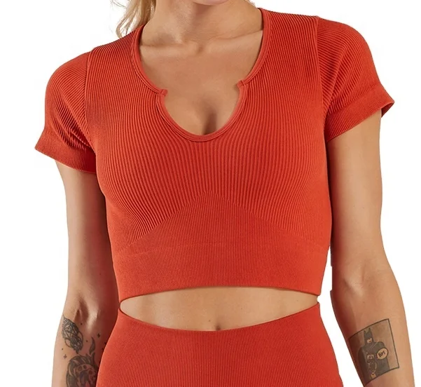 

Shirt short-sleeved solid color nine-point top women seamless yoga exercise fitness gym workout top sexy V-neck T-shirt